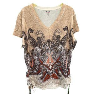 Wranglers Wranchers Beige Orange Western Short Sleeve Cinch Side Top Womens XXL